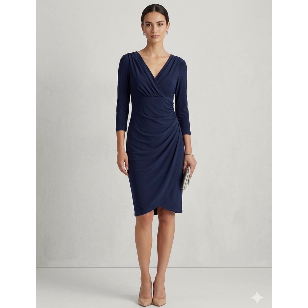 Lauren Ralph Lauren Navy Blue Faux Wrap Ruched V-Neck Cocktail Dress Size 4